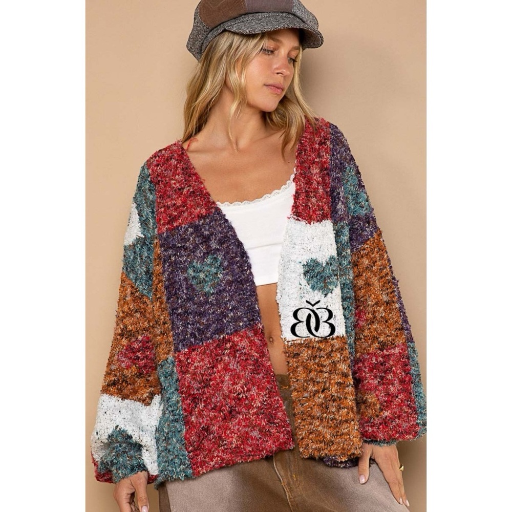 POL Checkerboard Heart Patterned Oversized Cardigan in Red Brick Multi - Picture 7 of 8